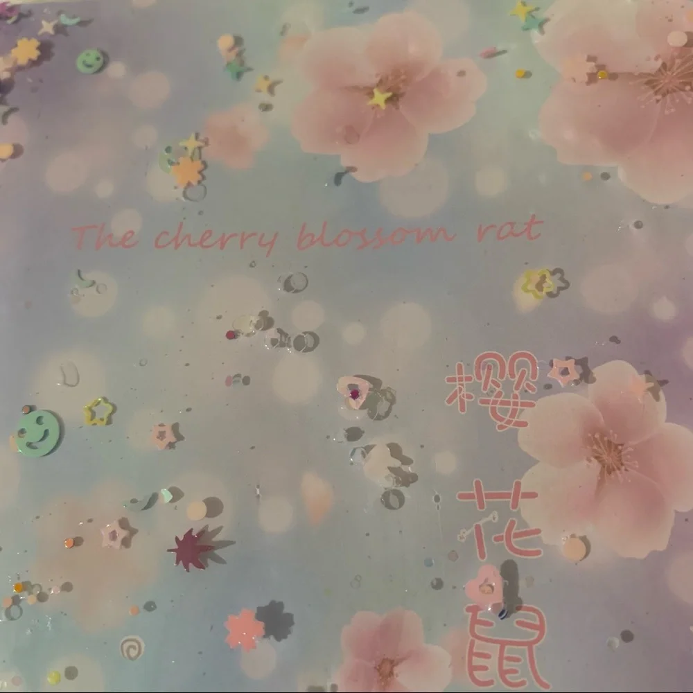 Cherry Blossom and Rat Design Small Notebook w/ Water Gel Front Cover w/ Sequins
